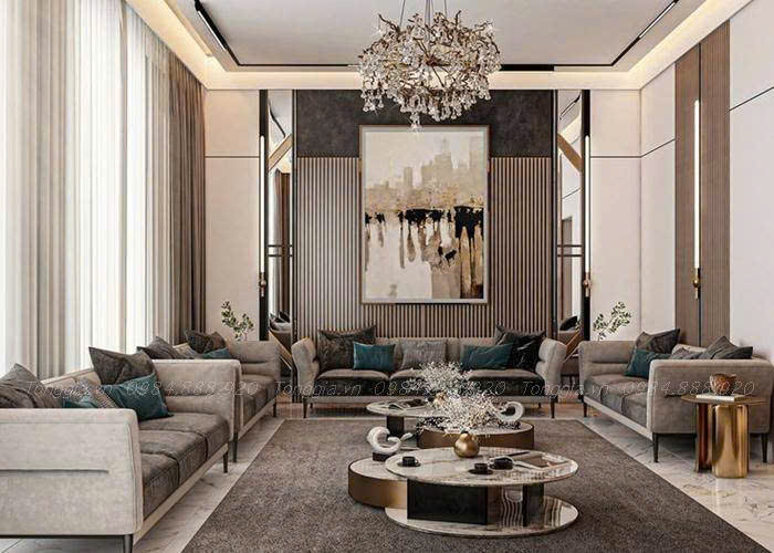 Sự kết hợp giữa tấm phẳng vân đá marble tráng gương và hệ lam sóng Woodlight làm điểm nhấn